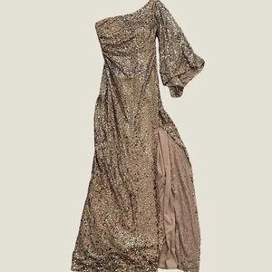 Night Way Gold Sequined One Shoulder Maxi Slit Gown. Size 4